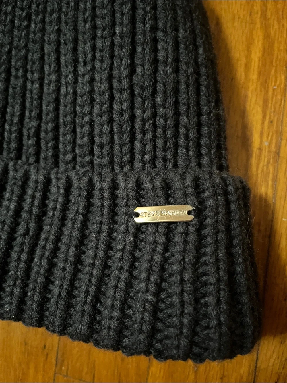 Steve Madden Blue Knit Pom Beanie Hat with Brown Faux Fur Pom OS